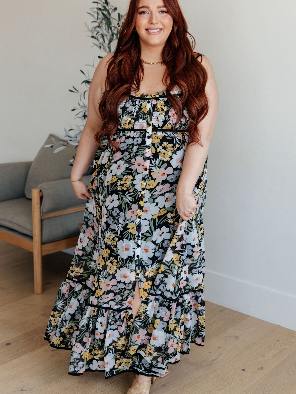 White Birch Black Floral Maxi Dress with Pink & Yellow Blooms Size XL